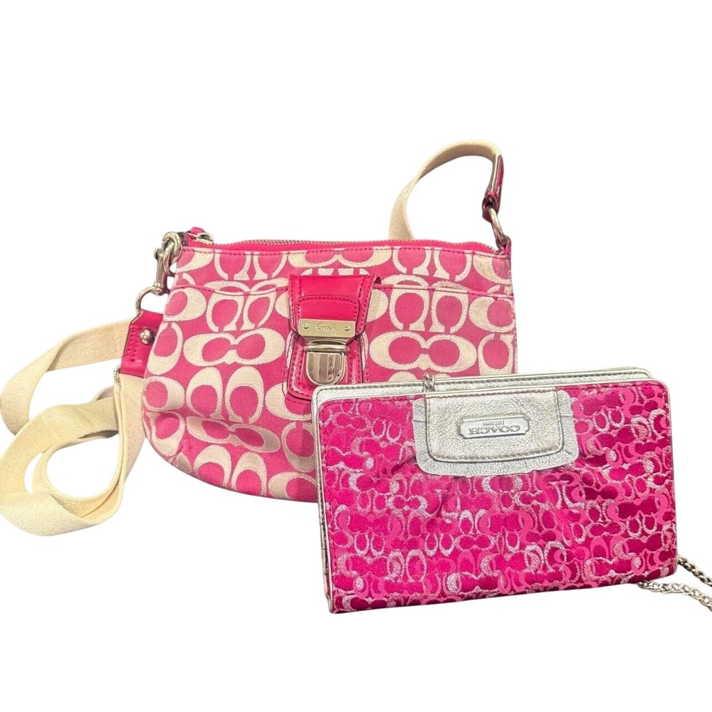 Coach pink & metallic silver monogram purse and crossbody‎ wallet bag set